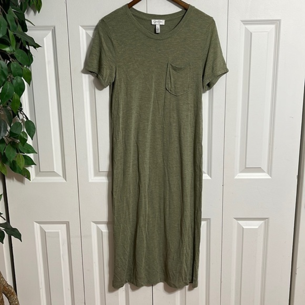 Jessica Simpson Small T-Shirt Dress Women Olive Green Excellent Maxi Pocket Slit